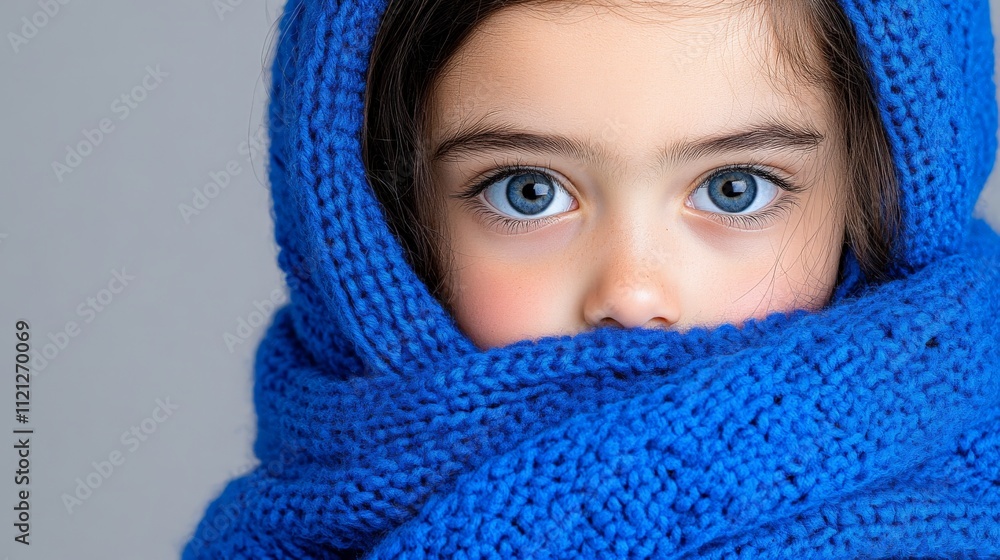Little Girl Wrapped in Blue Knit Scarf Little Girl Wrapped in Blue Knit Scarf