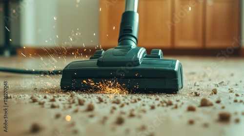 A close-up of a vacuum cleaner's nozzle picking up dirt and debris from a floor, with visible particles and some sparks. photo