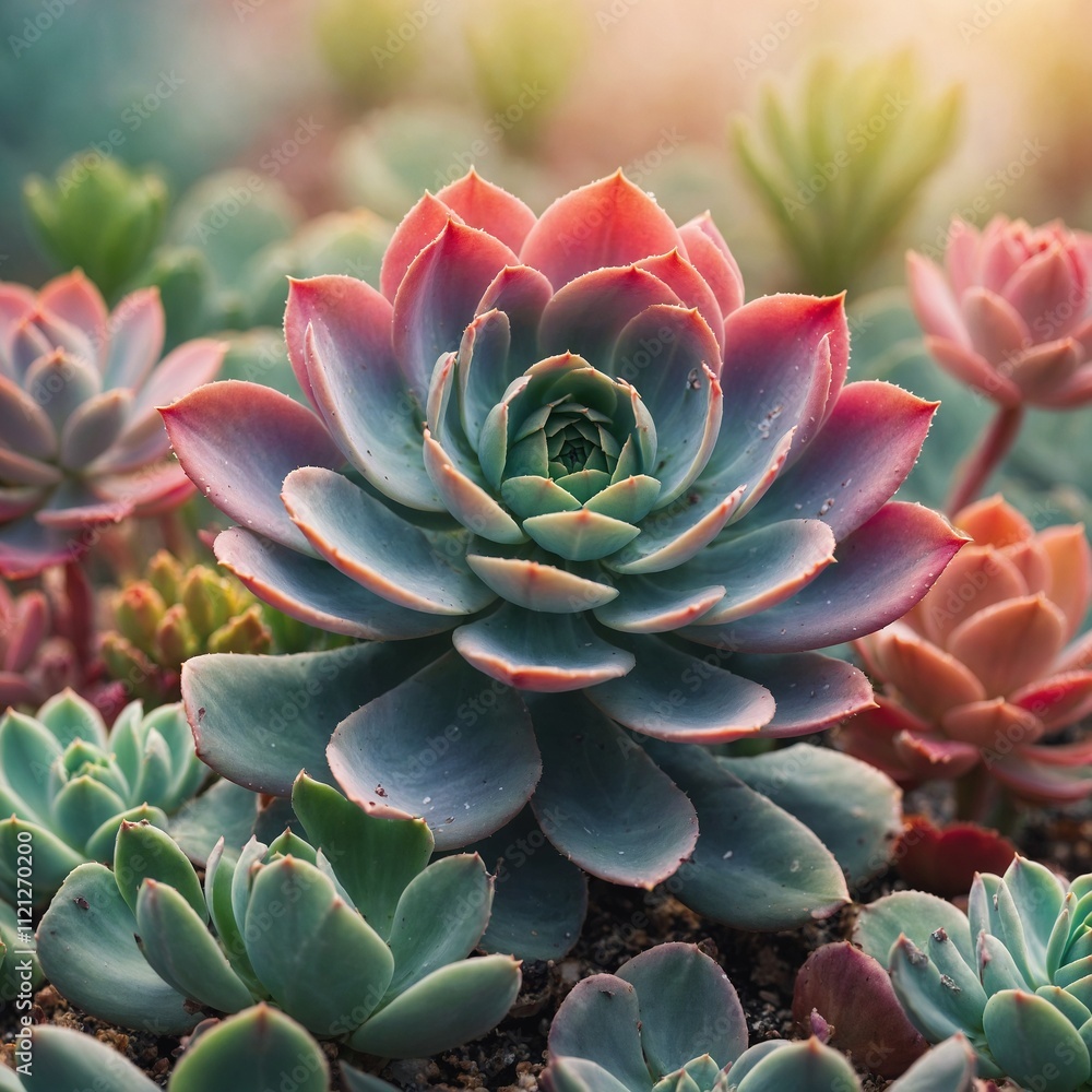 A vibrant echeveria succulent in full bloom against a soft pastel background. A vibrant echeveria succulent in full bloom against a soft pastel background.