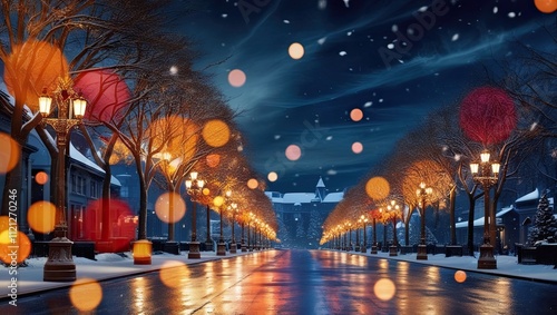 Christmas City Street with Glowing Bokeh Lights and Falling Snow