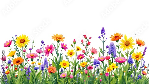 Watercolor painting depicting a colorful field of wildflowers in bloom on a sunny day