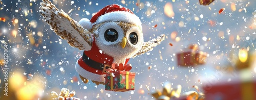 An owl dressed as Santa with a sack of presents flies over a snow-covered town. Colourful lights and sparkling stars fill the sky, creating a joyful mood. photo