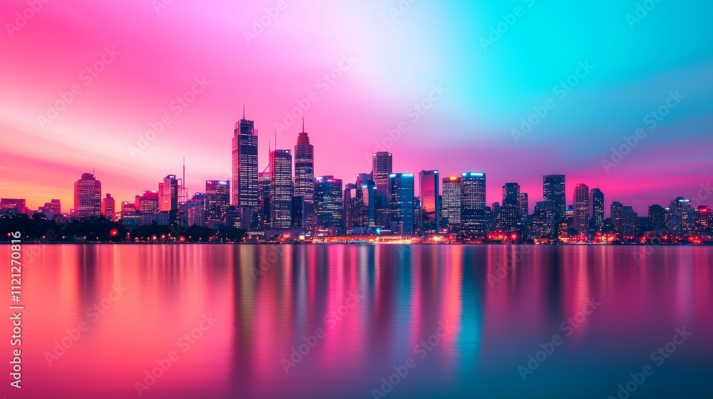 A vibrant city skyline at sunset, featuring colorful pink and blue hues reflecting on the water, showcasing modern architecture and a lively atmosphere. A vibrant city skyline at sunset, featuring colorful pink and blue hues reflecting on the water, showcasing modern architecture and a lively atmosphere.