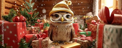 A brown owl with vibrant feathers sits near a pile of colourfully wrapped presents and golden ribbons. The warm room glows with seasonal decorations. photo