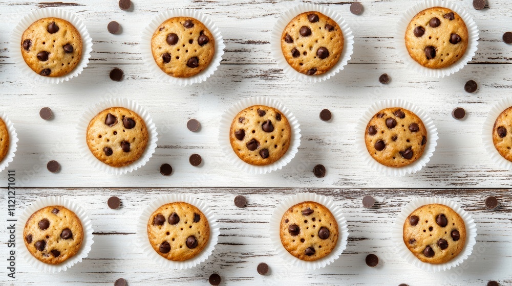 A delectable image of individually set chocolate chip cookies on a white table, generating a tempting visual appeal, perfect for confectionery lovers. A delectable image of individually set chocolate chip cookies on a white table, generating a tempting visual appeal, perfect for confectionery lovers.