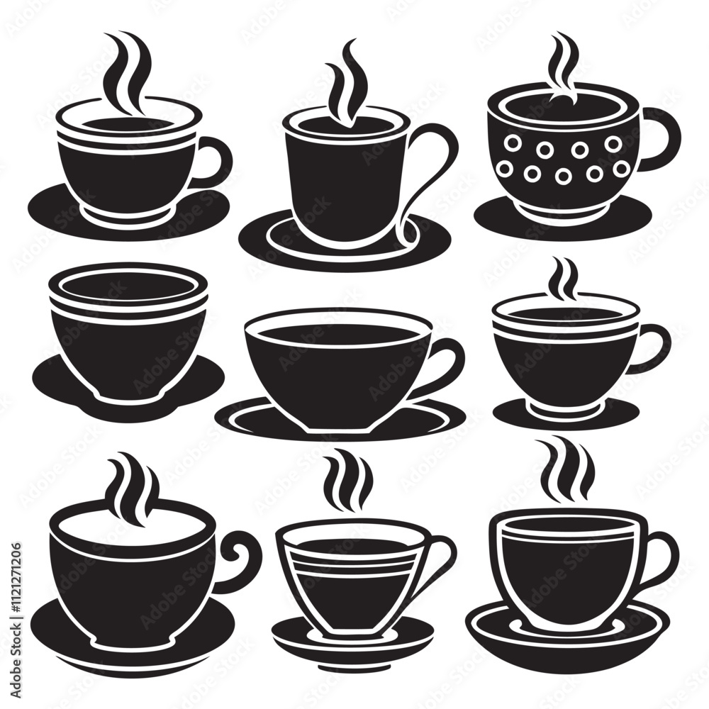 A grid of black silhouette coffee cups in various shapes and designs A grid of black silhouette coffee cups in various shapes and designs