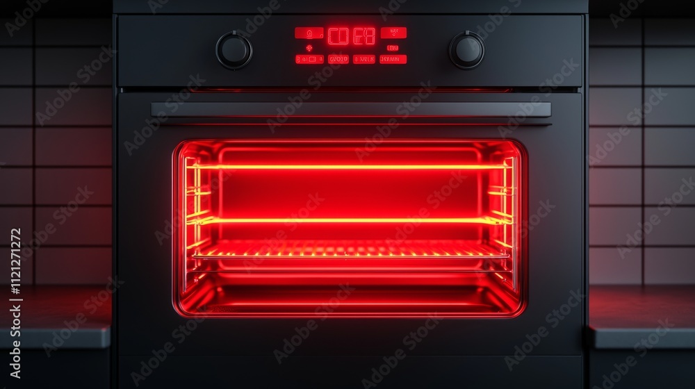 A modern oven with a glowing red interior, showcasing its sleek design and advanced features in a contemporary kitchen setting. A modern oven with a glowing red interior, showcasing its sleek design and advanced features in a contemporary kitchen setting.
