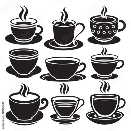 A grid of black silhouette coffee cups in various shapes and designs