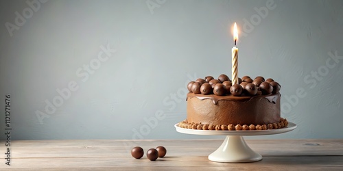 First birthday cake with lit candle and chocolate ball decorations, first birthday, cake, lit candle, chocolate balls