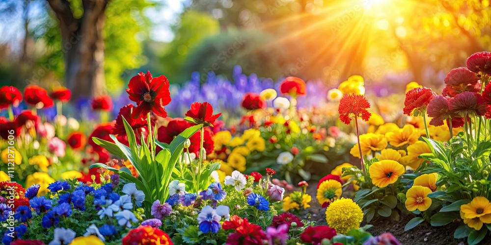 Vibrant flowerbed with red, yellow, and blue flowers in a sunny garden , flora, floristry, landscaping, plants, flowers Vibrant flowerbed with red, yellow, and blue flowers in a sunny garden , flora, floristry, landscaping, plants, flowers