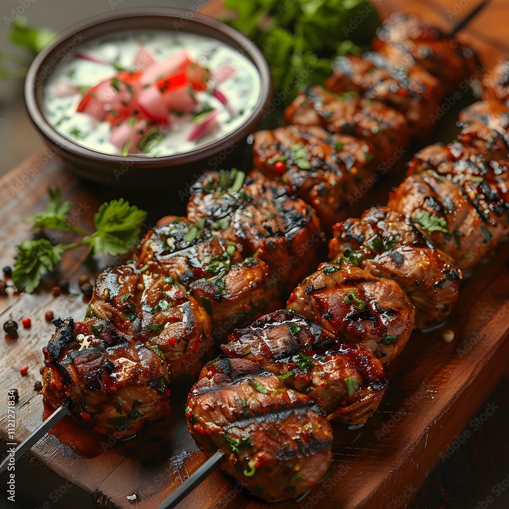 Tender lamb pratha roll grilled to perfection and served with a side of cucumber raita on a rustic wooden skewer captured with focus stacking to emphasize the texture Tender lamb pratha roll grilled to perfection and served with a side of cucumber raita on a rustic wooden skewer captured with focus stacking to emphasize the texture