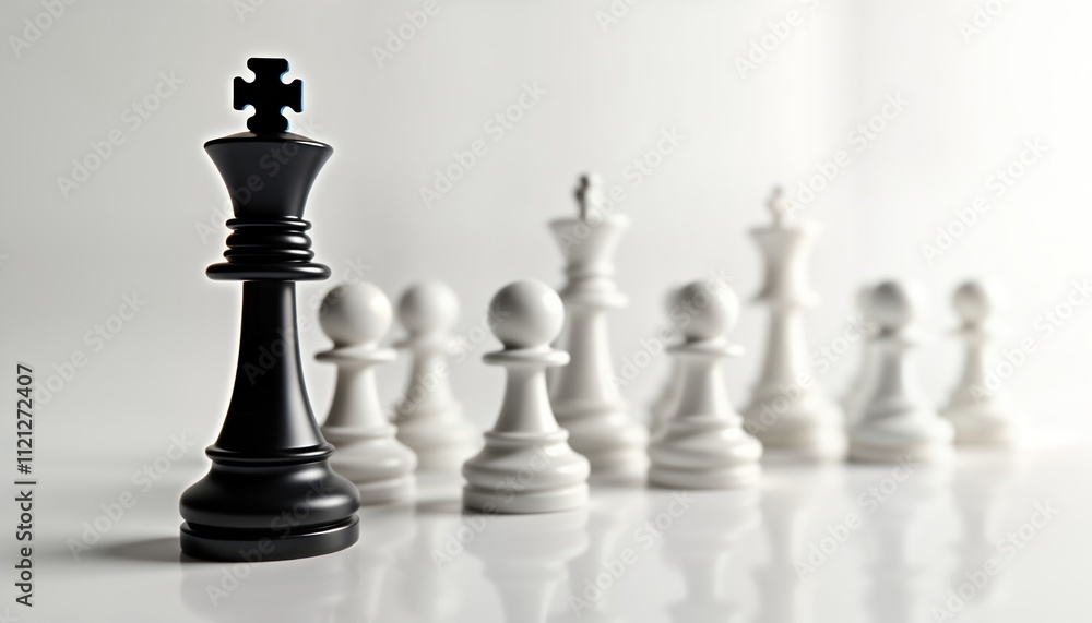 Black chess king stands in front of white pawns on white background. Strategic leadership concept. Black king strength, control. White pawns represent opposing forces challenges. Image embodies Black chess king stands in front of white pawns on white background. Strategic leadership concept. Black king strength, control. White pawns represent opposing forces challenges. Image embodies