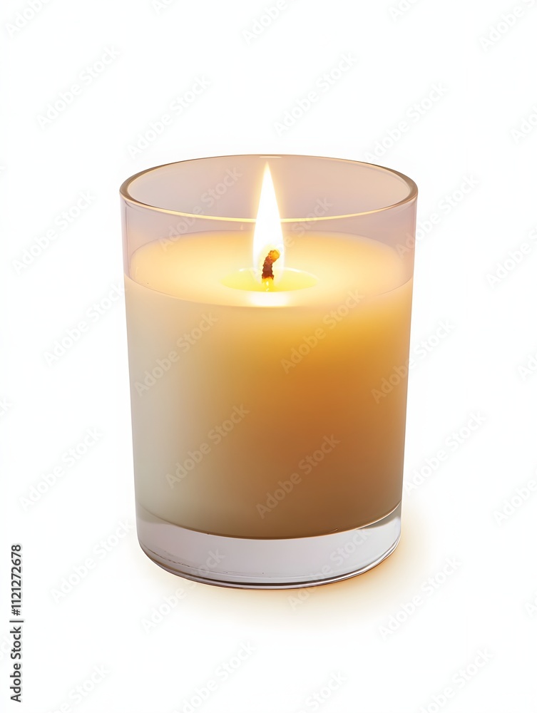 A single burning candle in a glass container A single burning candle in a glass container