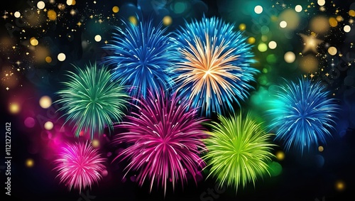 Glowing Fireworks with Golden Bokeh on a Dark Festive Background