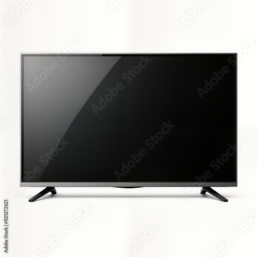 Modern flat screen lcd tv isolated on white background. Blank black screen. Simple design. Stylish modern tech device. Home entertainment. High definition display. Elegant design. Digital widescreen