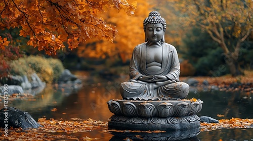 Peaceful Buddha sculpture beside a mirror-like river with autumn leaves in the background