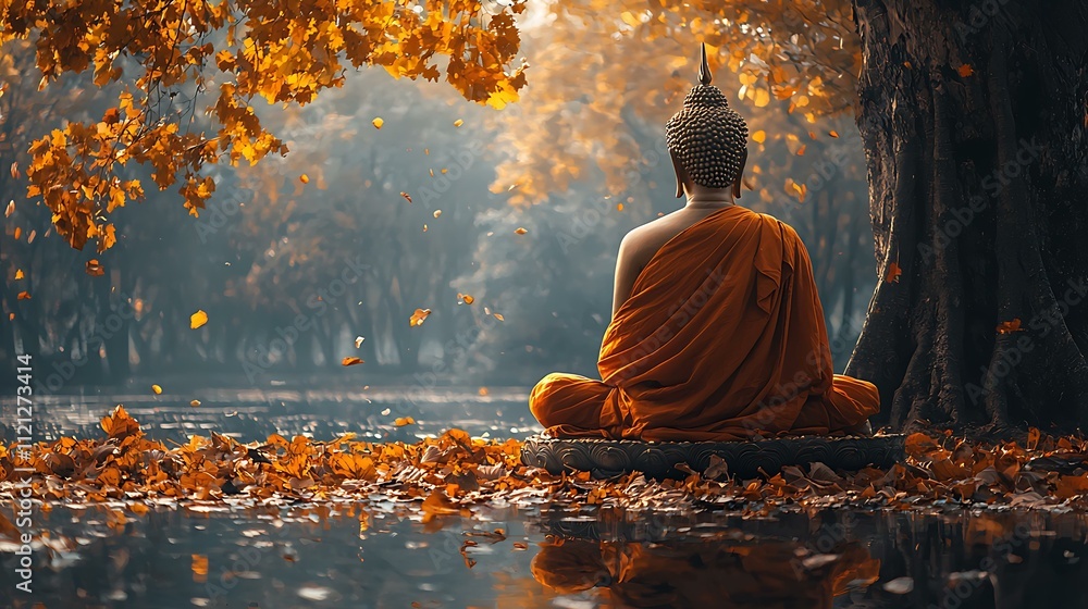 Buddha sitting cross-legged near a reflective pond surrounded by trees Buddha sitting cross-legged near a reflective pond surrounded by trees