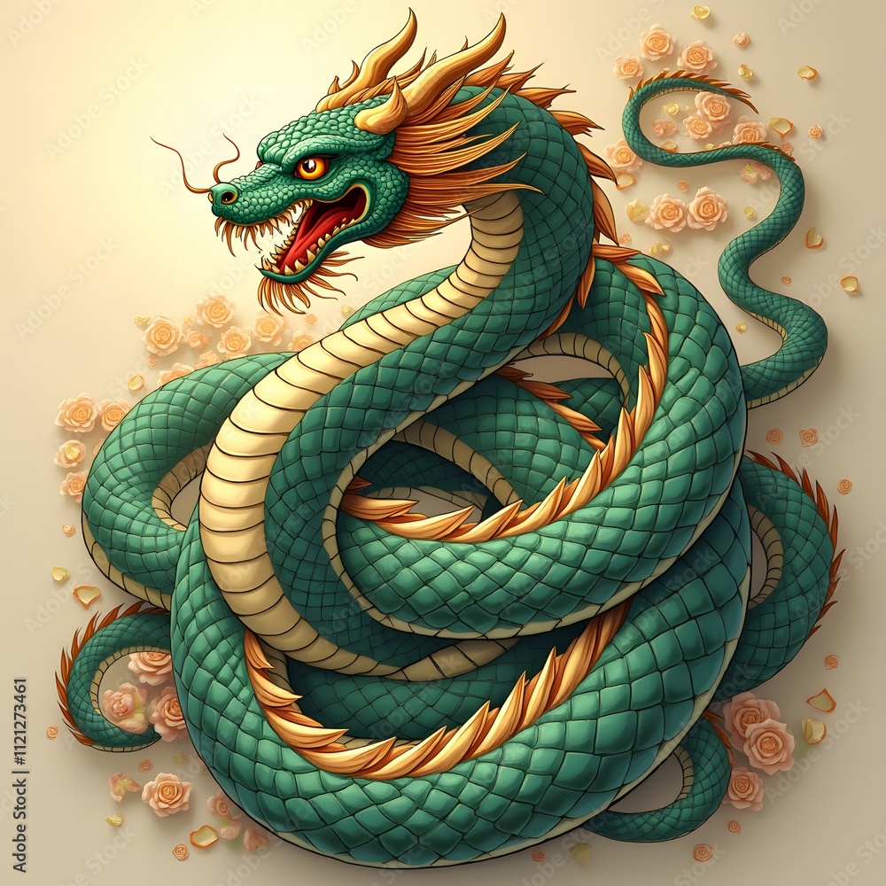 Fototapeta premium Majestic Green Dragon Amidst Roses: A Digital Painting