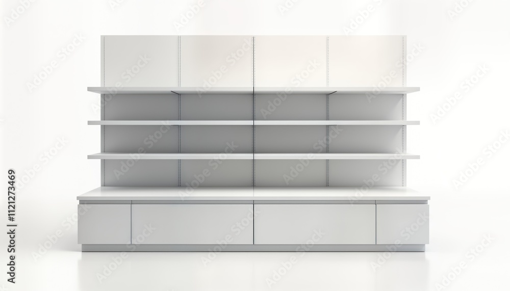 Modern empty supermarket POS display stand isolated on white background. Blank shelves, portable booth for product presentation. Empty shelves await product placement for promotions. Versatile Modern empty supermarket POS display stand isolated on white background. Blank shelves, portable booth for product presentation. Empty shelves await product placement for promotions. Versatile