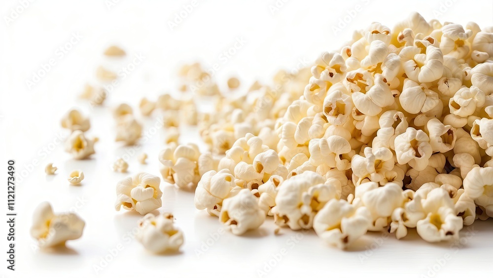 A lively depiction of flying popcorn kernels, isolated on a clean white background. The popcorn appears mid-air, frozen in motion, with a mix of perfectly popped pieces showcasing their fluffy, A lively depiction of flying popcorn kernels, isolated on a clean white background. The popcorn appears mid-air, frozen in motion, with a mix of perfectly popped pieces showcasing their fluffy,