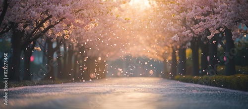 Sunbeams filter through a canopy of blooming cherry trees, scattering petals on the ground.