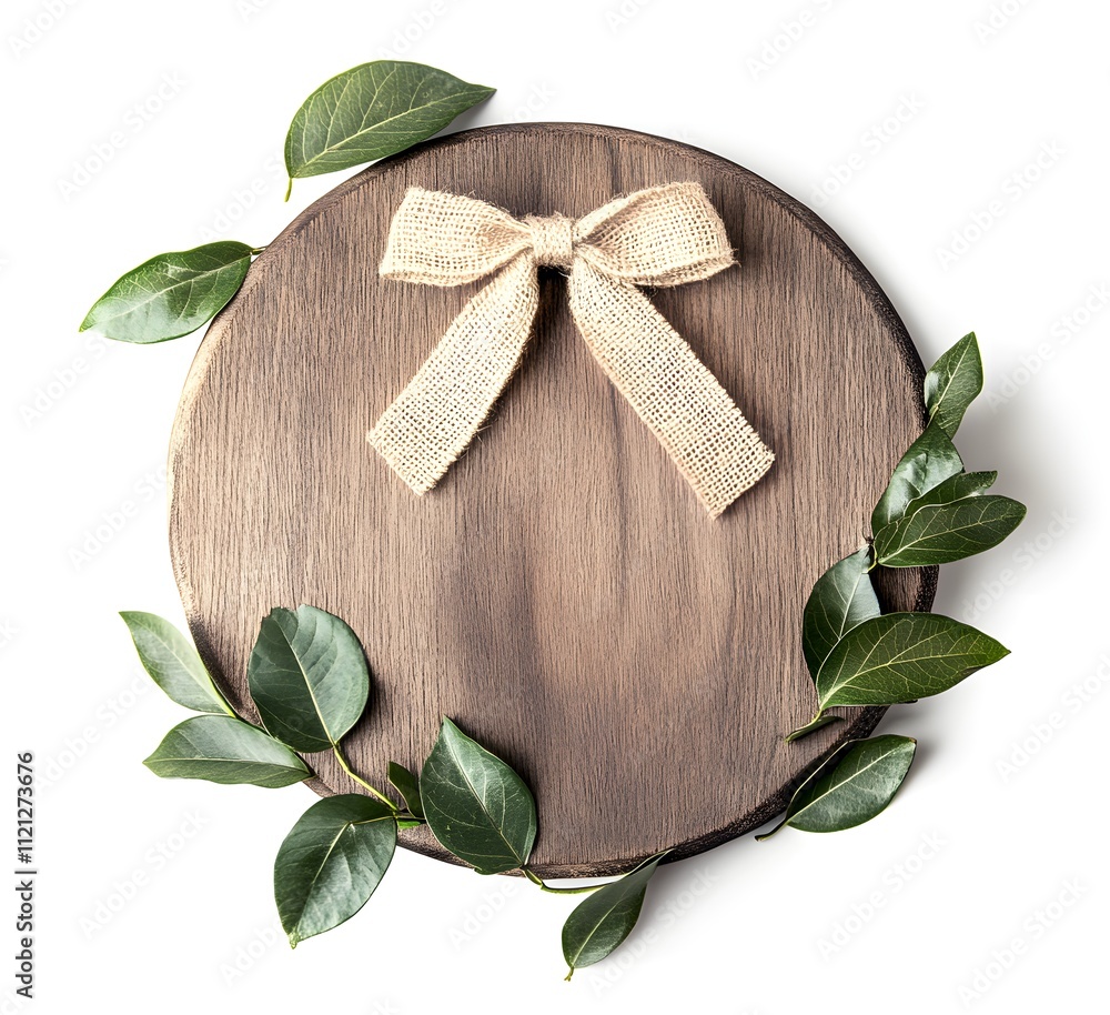 Wooden Round Board Decorated With Burlap Bow and Green Leaves Wooden Round Board Decorated With Burlap Bow and Green Leaves