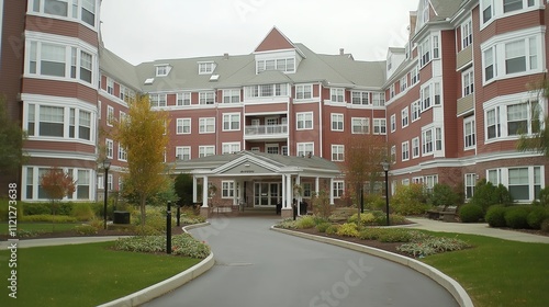 Senior care facility exterior with well-maintained garden and welcoming entrance. Emphasizing comfort and dignity in elderly living environments.