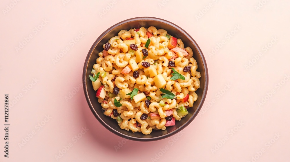 Sweet macaroni salad with diced apples and raisins, served in a stoneware dish, isolated on a pale pink background Sweet macaroni salad with diced apples and raisins, served in a stoneware dish, isolated on a pale pink background