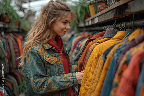 Young happy woman is shopping for second clothes in a store. She is looking at a yellow jacket photo