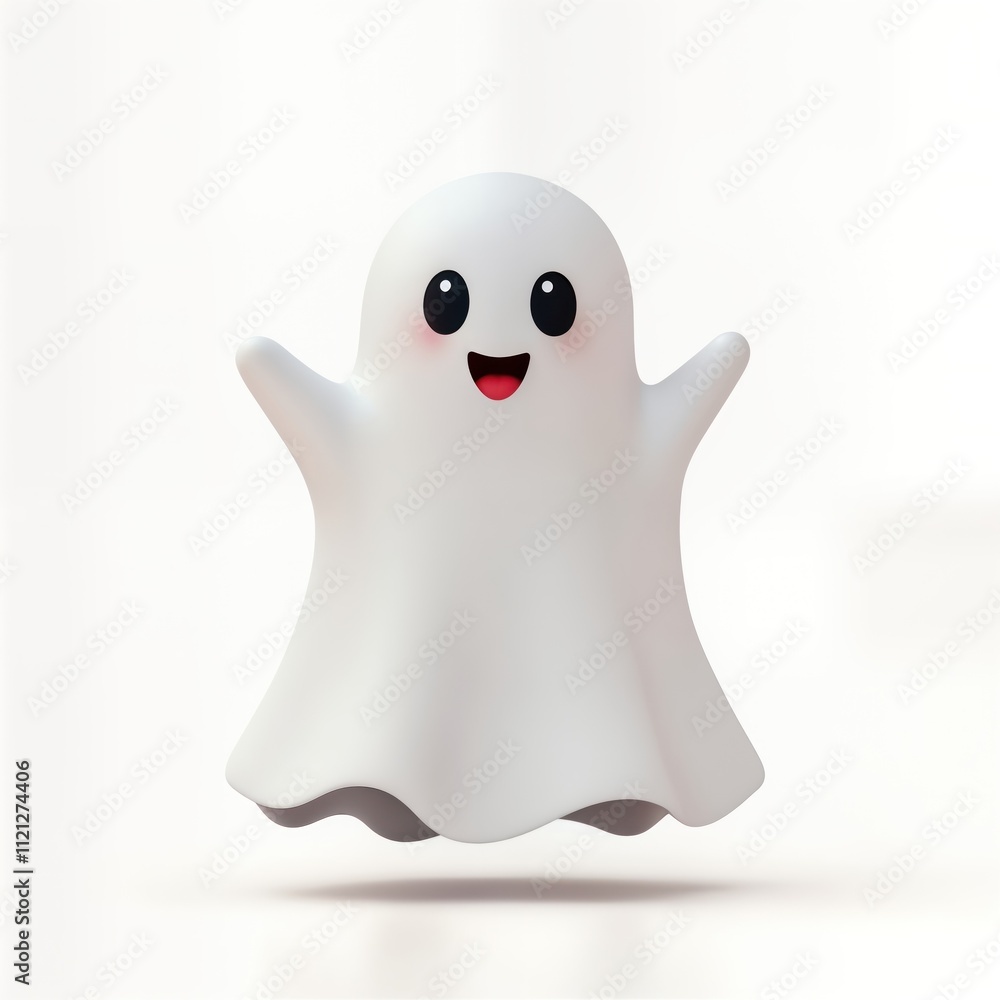 Obraz premium Cute cartoon ghost floats in air. Friendly expression. Pastel background. Halloween theme. Adorable character design. Perfect for kids Halloween party. Illustration for social media print. Fun, happy