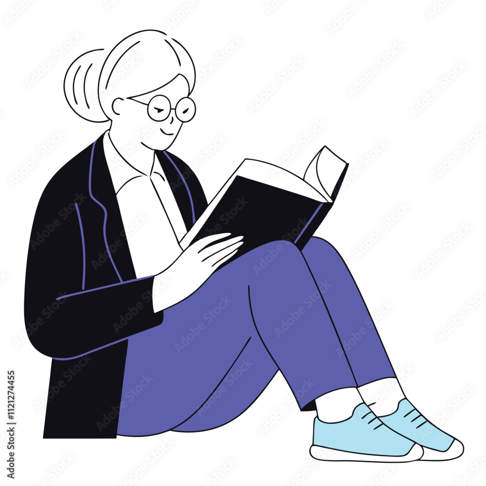 Elderly woman sitting on the floor and reading a book. Vector illustration. Elderly woman sitting on the floor and reading a book. Vector illustration.