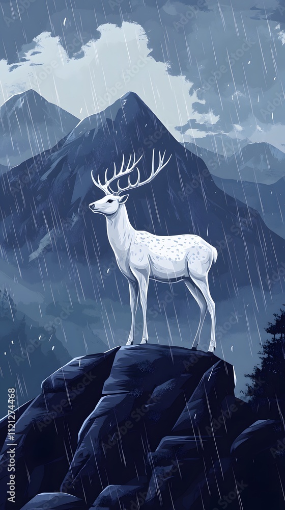 A majestic white deer with perfect antlers, on the mountain and beautiful rainy scenery A majestic white deer with perfect antlers, on the mountain and beautiful rainy scenery