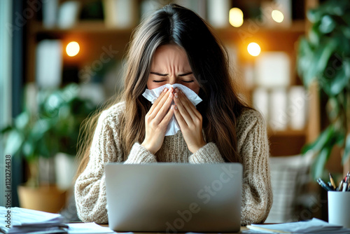 Cold. Young European woman sneezing into a tissue while sitting at her work desk with a laptop open, blurred office on background. Concept of cold, flu, illness, or allergies during season