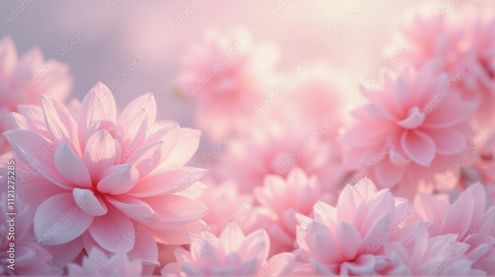 Fototapeta premium Pink dahlia flowers blooming in soft morning sunlight creating a beautiful romantic background