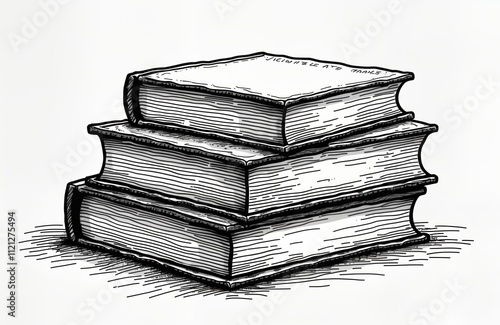 Stacked vintage hardcovers fiction books. Illustration style evokes classic book design. Library bookshop theme. Great for educational products, literature lovers vintage book design. Black, white