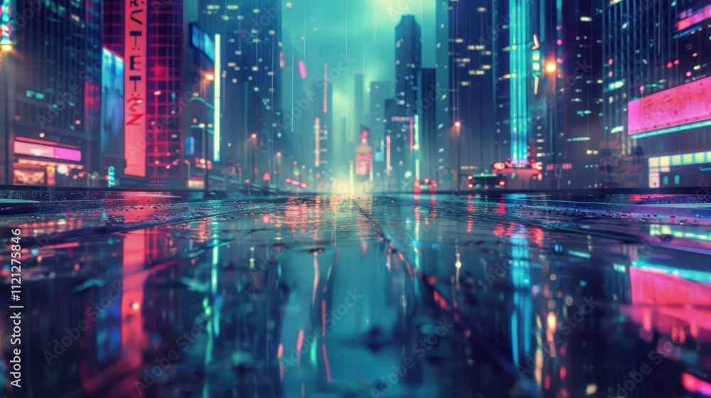 Wet Pavement Reflecting Neon Lights in a City Street Wet Pavement Reflecting Neon Lights in a City Street