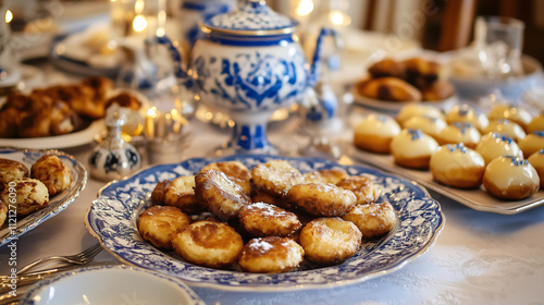 A festive table with delicious latkes and sufganiyot, decorated with Hanukkah-themed items and blue and white accents, ready for the celebration. photo