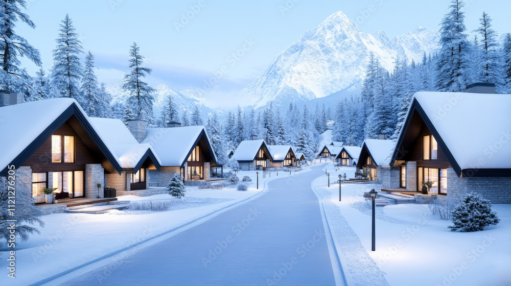 Naklejka premium Snowy Mountain Village Escape 