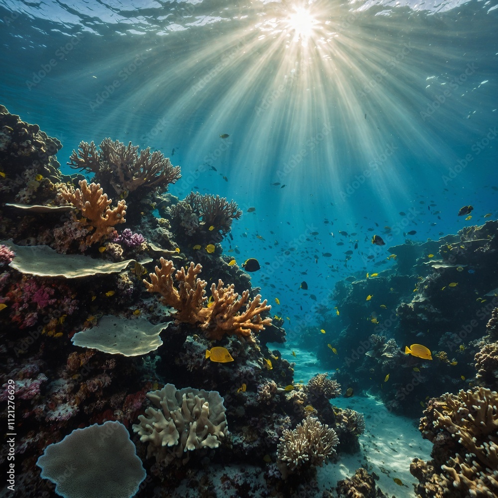 Fototapeta premium An underwater shot of a vibrant coral reef with rays of sunlight piercing through.An underwater shot of a vibrant coral reef with rays of sunlight piercing through.