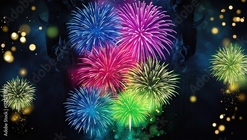 Glowing Fireworks with Golden Bokeh on a Dark Festive Background