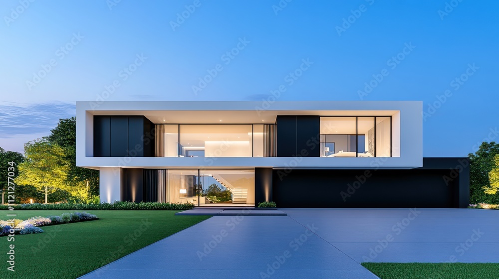 Modern two-story house with large windows and sleek design. Modern two-story house with large windows and sleek design.