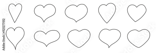 Set of doodle hearts of different shapes. Hearts drawn with black lines. Vector outlines of the symbol of love and romance. Templates for web design, simple vector for a postcard for Valentine's Day.