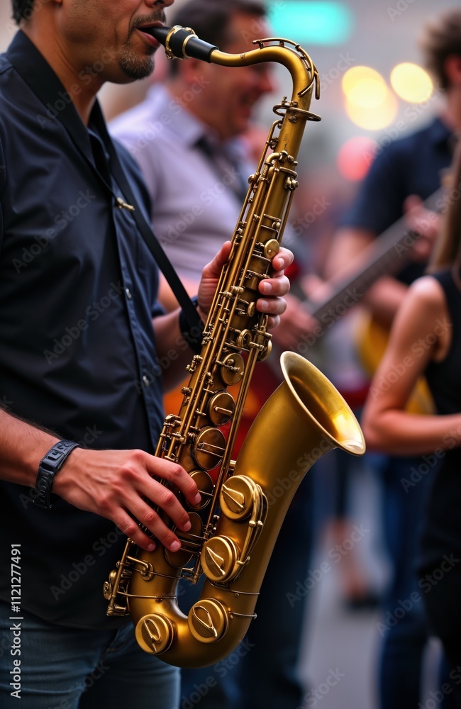 Obraz premium Man plays saxophone at outdoor jazz music festival. People dance and enjoy the live music. Its urban setting suggests a summer event. A brass band performs. The musician is performing on street stage.