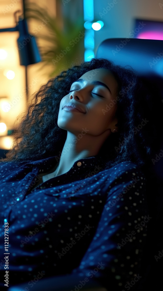 Fototapeta premium Relaxed black woman enjoying break at night in office setting
