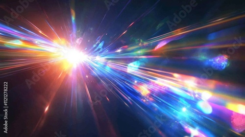 A vibrant burst of light traverses through darkness, creating a colorful array of beams and sparkles, reminiscent of cosmic energy and motion.