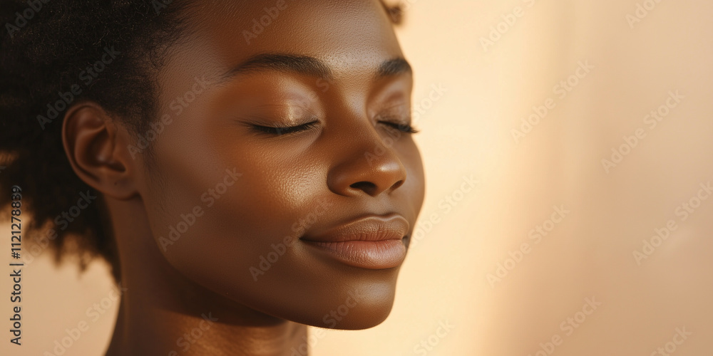Young african american woman with eyes closed enjoying wellness and skincare routine embracing mocha mousse trend color. Copy space, banner Young african american woman with eyes closed enjoying wellness and skincare routine embracing mocha mousse trend color. Copy space, banner
