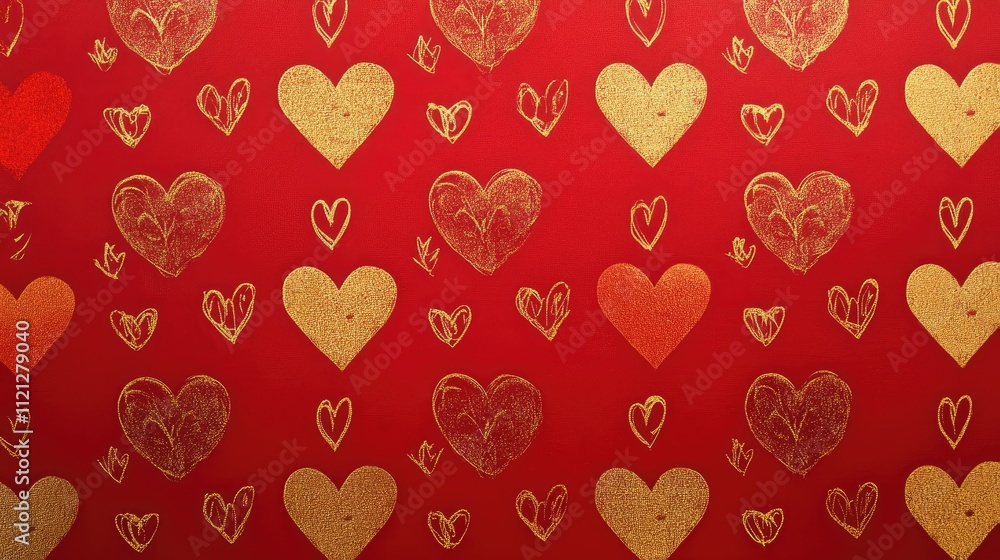 Fototapeta premium A vivid red background illuminated by golden heart designs, gleaming softly to enhance the atmosphere of love and joy.