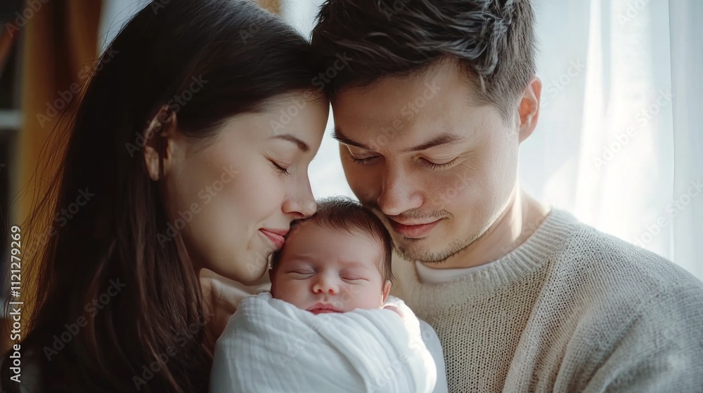 A loving couple cradles their newborn in a warm embrace, sharing tender smiles as sunlight pours in. The joy of new parenthood radiates in their close-knit family moment A loving couple cradles their newborn in a warm embrace, sharing tender smiles as sunlight pours in. The joy of new parenthood radiates in their close-knit family moment