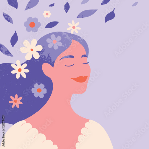 Beautiful woman with flowers in her hair. Vector Illustration.