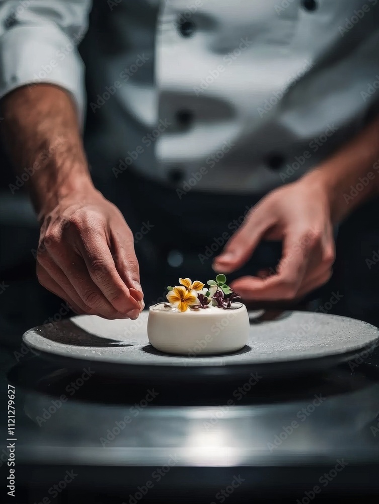 A chef meticulously garnishes a dessert on a plate, showcasing culinary artistry and attention to detail in an elegant setting. A chef meticulously garnishes a dessert on a plate, showcasing culinary artistry and attention to detail in an elegant setting.